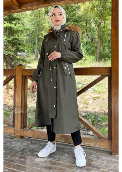 Kapşonlu Fermuarlı Mont Haki 10349 fırsatları