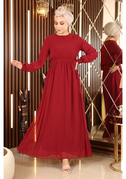 Manşeti Lastikli Şifon Abiye Bordo 12003