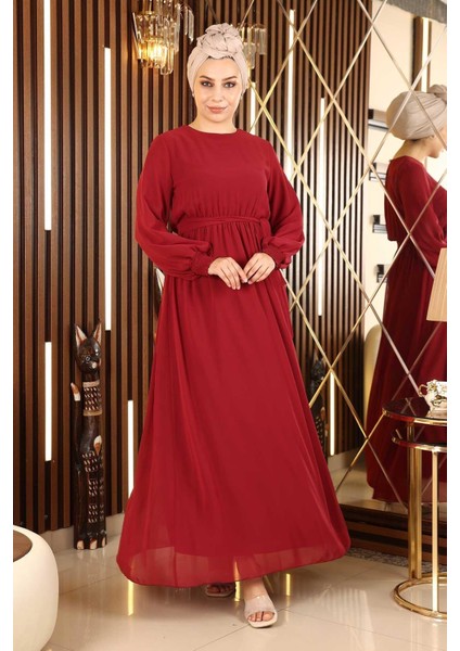 Manşeti Lastikli Şifon Abiye Bordo 12003 modelleri