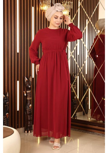 Manşeti Lastikli Şifon Abiye Bordo 12003 fırsatları