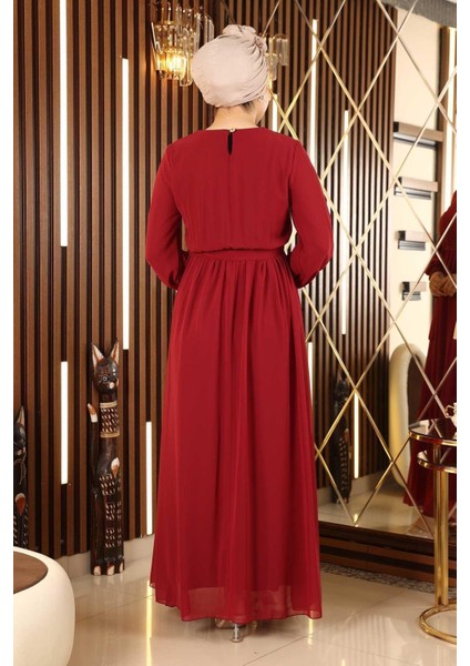 Manşeti Lastikli Şifon Abiye Bordo 12003 indirimleri