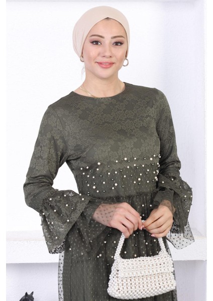 Incili Dantelli Volan Kol Abiye Haki 12213 fiyatları