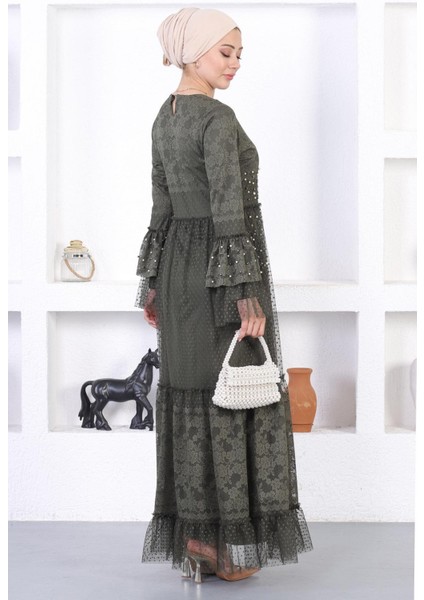 Incili Dantelli Volan Kol Abiye Haki 12213 indirimleri