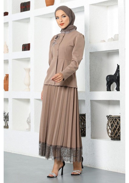 Dantel Detaylı Etekli Takım Vizon 17100
