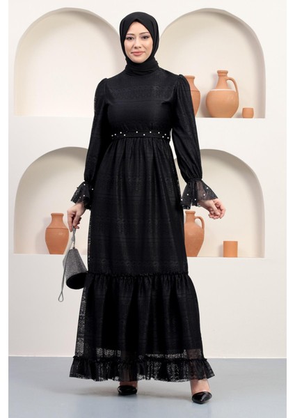 Inci Detaylı Dantel Abiye Siyah 12239