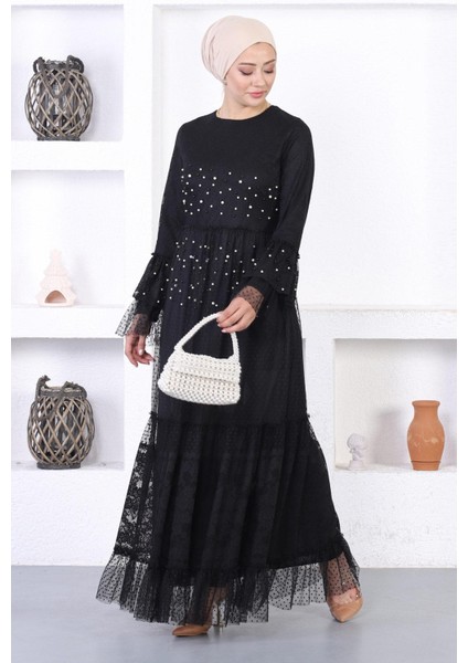 Incili Dantelli Volan Kol Abiye Siyah 12213 modelleri