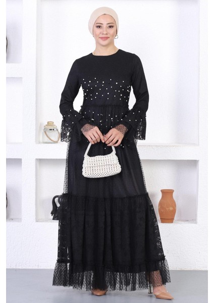 Incili Dantelli Volan Kol Abiye Siyah 12213 fırsatları