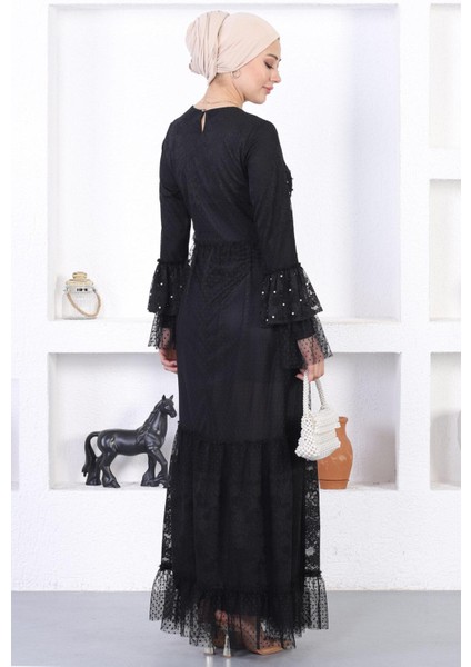 Incili Dantelli Volan Kol Abiye Siyah 12213 indirimleri