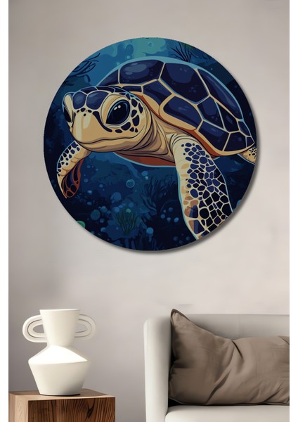 Sulu Boya Görünümlü Deniz Kaplumbağası Ahşap Dekoratif Tablo Yuvarlak Tablo