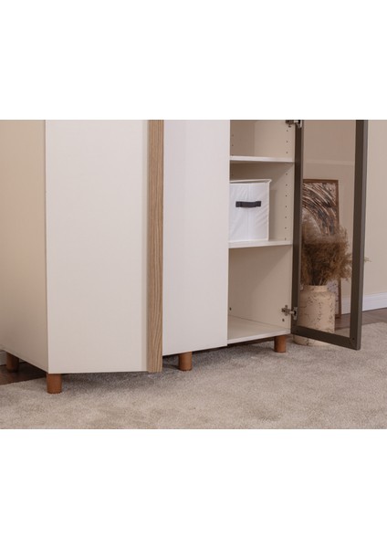 İtra 3 Kapaklı Gardırop – Krem Gövde, Krem Mdflam, Camlı Kapak