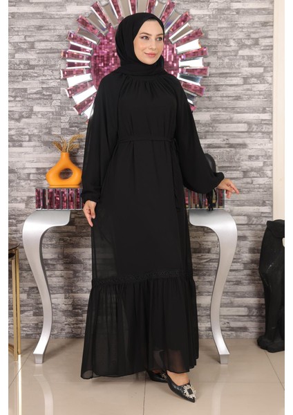 Dantel Detaylı Şifon Abiye Siyah 19143 modelleri