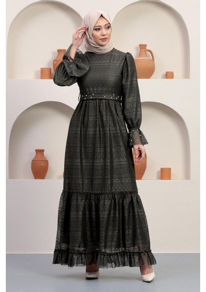 Inci Detaylı Dantel Abiye Haki 12239