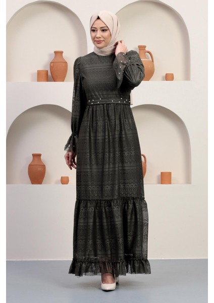 Inci Detaylı Dantel Abiye Haki 12239 modelleri