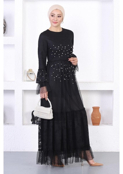 Incili Dantelli Volan Kol Abiye Siyah 12213