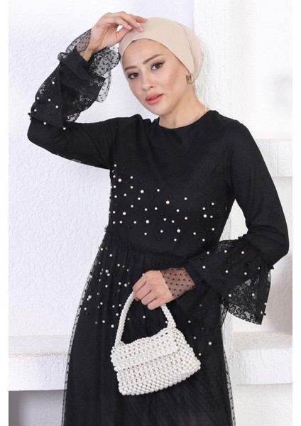 Incili Dantelli Volan Kol Abiye Siyah 12213 fiyatları