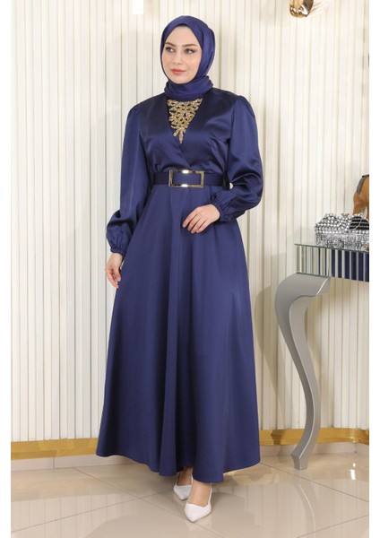 Taş Detaylı Saten Abiye Indigo MSW19901
