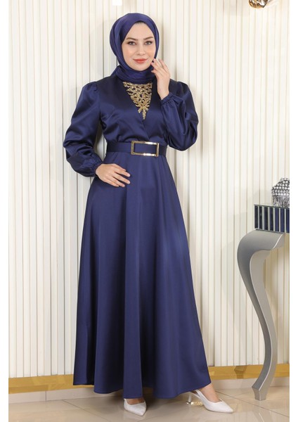 Taş Detaylı Saten Abiye Indigo MSW19901 modelleri