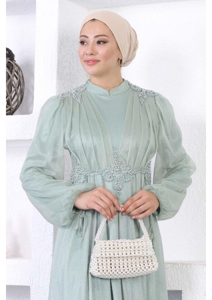 Incili Dantelli Simli Abiye Mint 12252 fiyatları