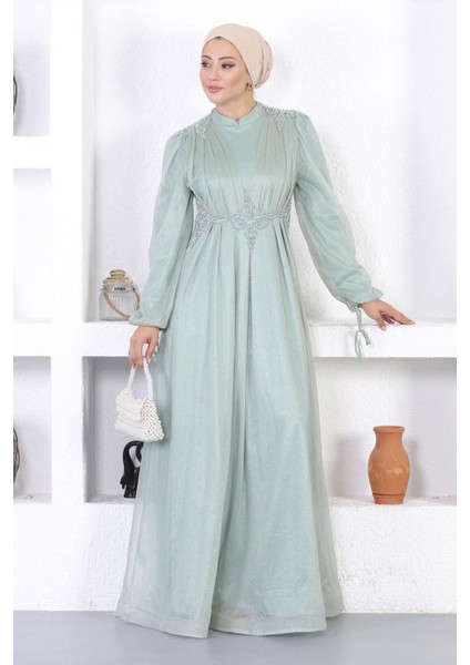 Incili Dantelli Simli Abiye Mint 12252 modelleri