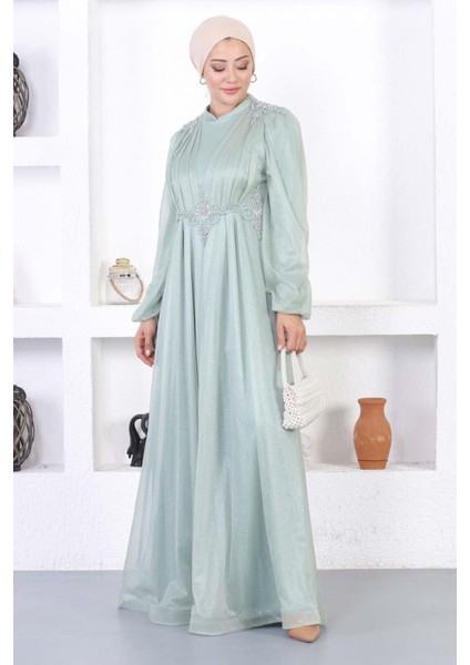 Incili Dantelli Simli Abiye Mint 12252 fırsatları