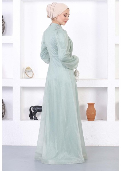 Incili Dantelli Simli Abiye Mint 12252 indirimleri