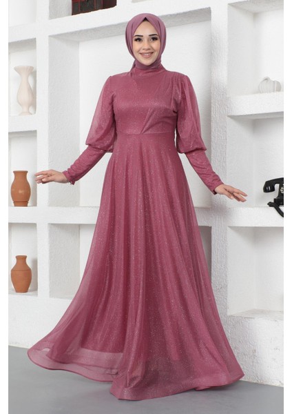 Manşeti Fermuar Detaylı Simli Abiye Gül Kurusu 12253