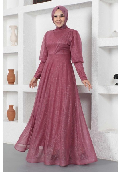 Manşeti Fermuar Detaylı Simli Abiye Gül Kurusu 12253 modelleri