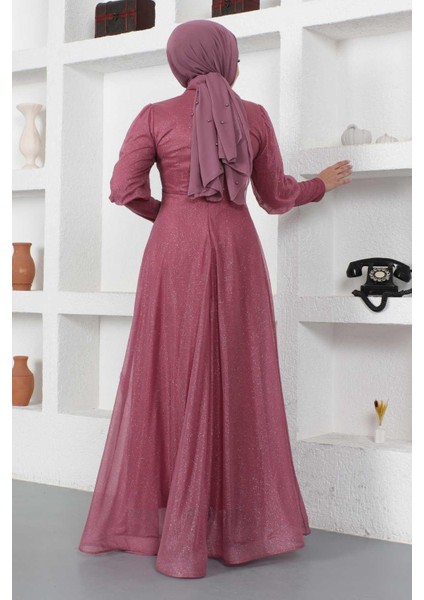 Manşeti Fermuar Detaylı Simli Abiye Gül Kurusu 12253 indirimleri