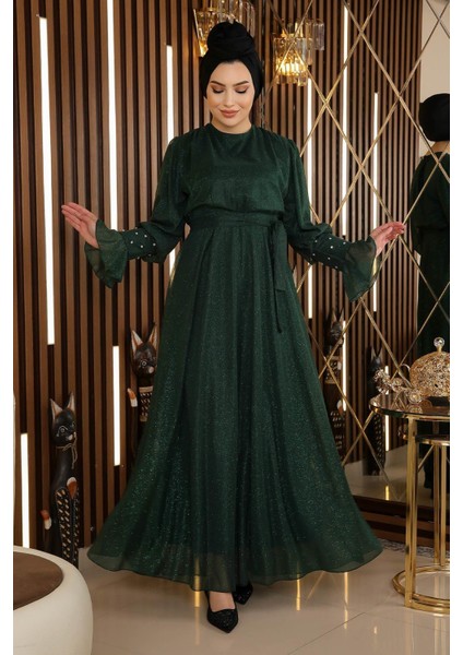 Taş Detaylı Simli Şifon Abiye Zümrüt 19113