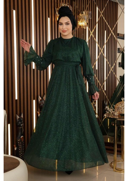 Taş Detaylı Simli Şifon Abiye Zümrüt 19113 modelleri