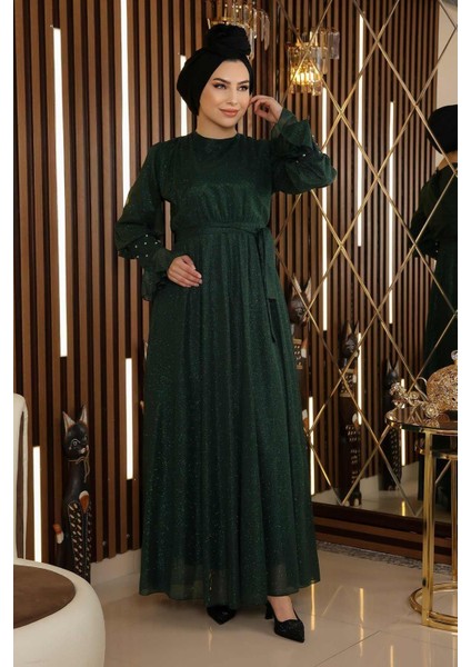 Taş Detaylı Simli Şifon Abiye Zümrüt 19113 fırsatları