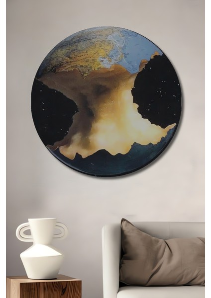 Yenmiş Dünya Yağlı Boya Görünümlü Ahşap Dekoratif Tablo Yuvarlak Tablo