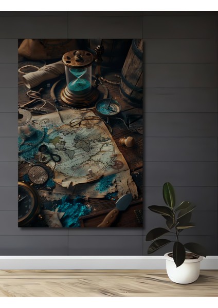 Antika Pusulalı Dünya Haritası Yağlı Boya Görünümlü Dekoratif Ahşap Tablo Dikdörtgen Tablo