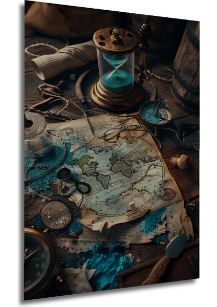 Antika Pusulalı Dünya Haritası Yağlı Boya Görünümlü Dekoratif Ahşap Tablo Dikdörtgen Tablo fırsatları