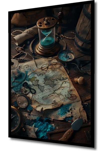 Antika Pusulalı Dünya Haritası Yağlı Boya Görünümlü Dekoratif Ahşap Tablo Dikdörtgen Tablo indirimleri