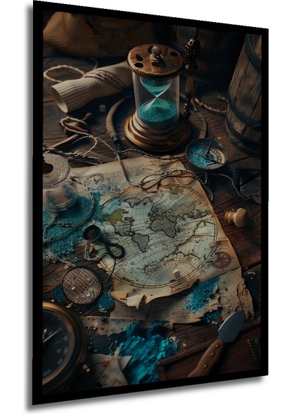Antika Pusulalı Dünya Haritası Yağlı Boya Görünümlü Dekoratif Ahşap Tablo Dikdörtgen Tablo