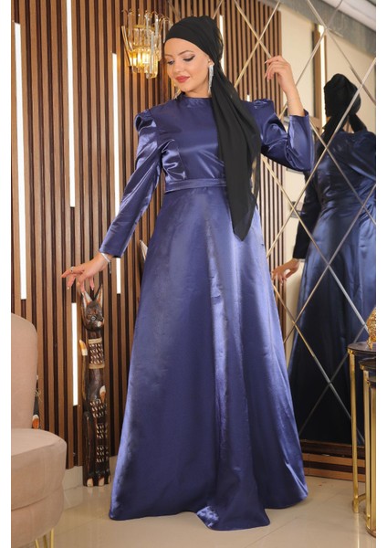 Omuz Büzgülü Büyük Beden Abiye Indigo MSW19128
