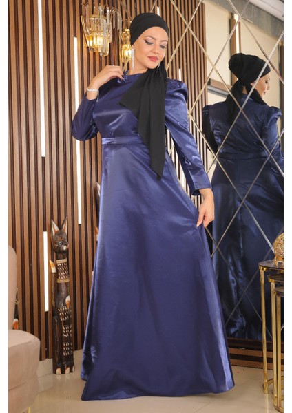 Omuz Büzgülü Büyük Beden Abiye Indigo MSW19128 modelleri