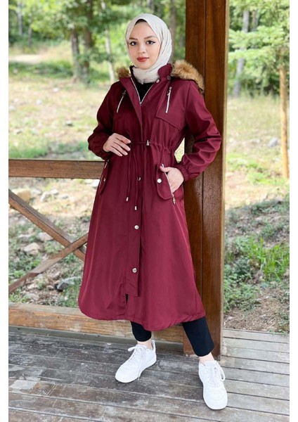 Kapşonlu Fermuarlı Mont Bordo 10349