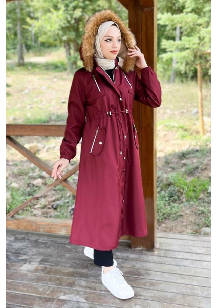 Kapşonlu Fermuarlı Mont Bordo 10349 modelleri