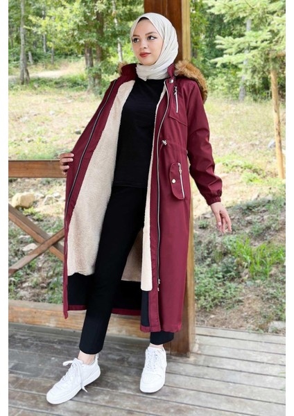 Kapşonlu Fermuarlı Mont Bordo 10349 fırsatları