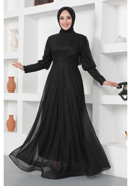 Manşeti Fermuar Detaylı Simli Abiye Siyah 12253