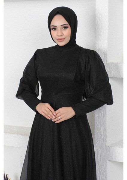 Manşeti Fermuar Detaylı Simli Abiye Siyah 12253 fiyatları