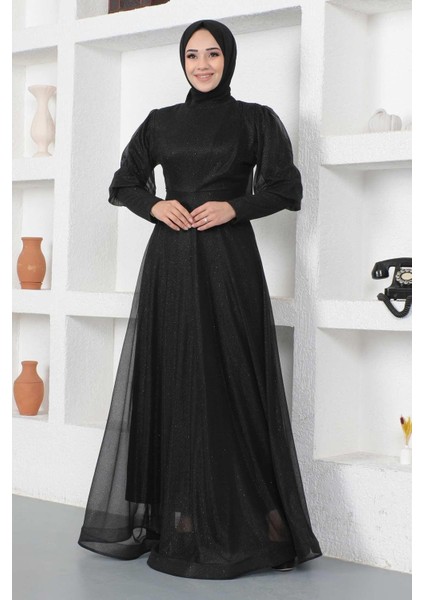 Manşeti Fermuar Detaylı Simli Abiye Siyah 12253 modelleri