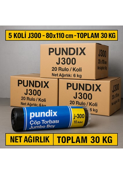 J300 Jumbo Boy Çöp Torbası 80X110 cm - 5 Koli (Toplam 30 Kg) Çift Kat 40 Mikron Kalın & Dayanıklı Siyah Poşet Seti | Her Koli 20 Rulo (300 Gr/rulo) | Ev, Ofis ve Bahçe Temizliği Için Ideal