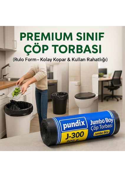 J300 Jumbo Boy Çöp Torbası 80X110 cm - 5 Koli (Toplam 30 Kg) Çift Kat 40 Mikron Kalın & Dayanıklı Siyah Poşet Seti | Her Koli 20 Rulo (300 Gr/rulo) | Ev, Ofis ve Bahçe Temizliği Için Ideal modelleri