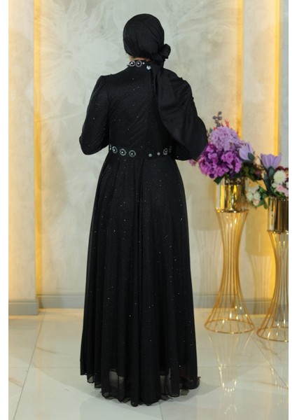 Taş Detaylı Göğsü Drapeli Simli Abiye Siyah MSW19188 fırsatları