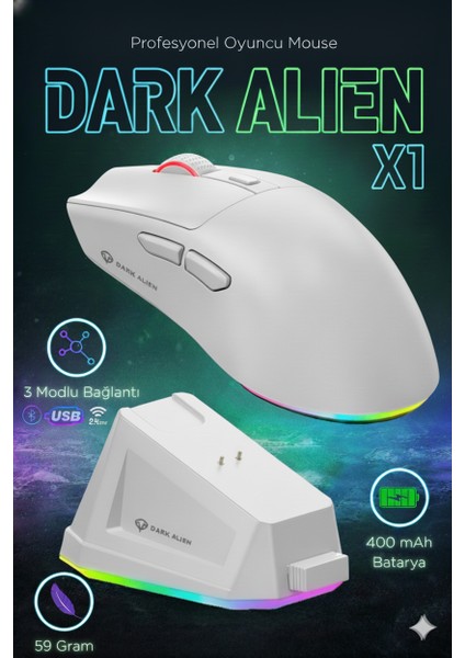 Dark Alien X1 Kablosuz 3 Modlu Ultra Hafif Oyuncu Mouse- 59 Gram 400 Mah Batarya- Makrolu