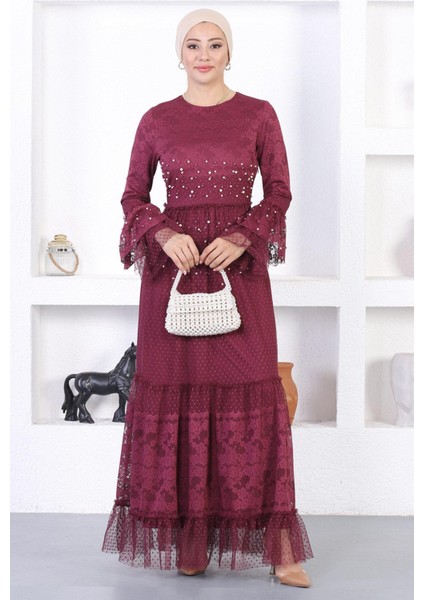 Incili Dantelli Volan Kol Abiye Bordo 12213