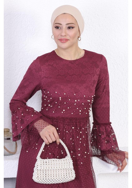 Incili Dantelli Volan Kol Abiye Bordo 12213 fiyatları